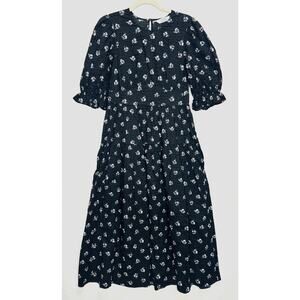 & Other Stories Puff-Sleeve Midi Dress Black Floral Size 4